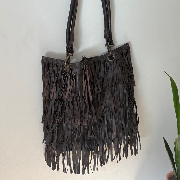 Anthropologie Raj shoulder bag genuine leather fringe dark brown - Picture 2 of 4